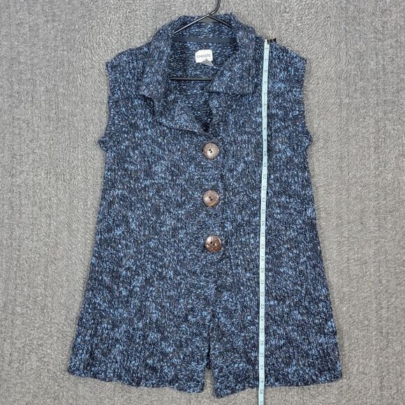 Chicos Cardigan Sweater Vest 1 Womens Medium Blue Black Wool Blend Knit Tunic - Picture 3 of 11